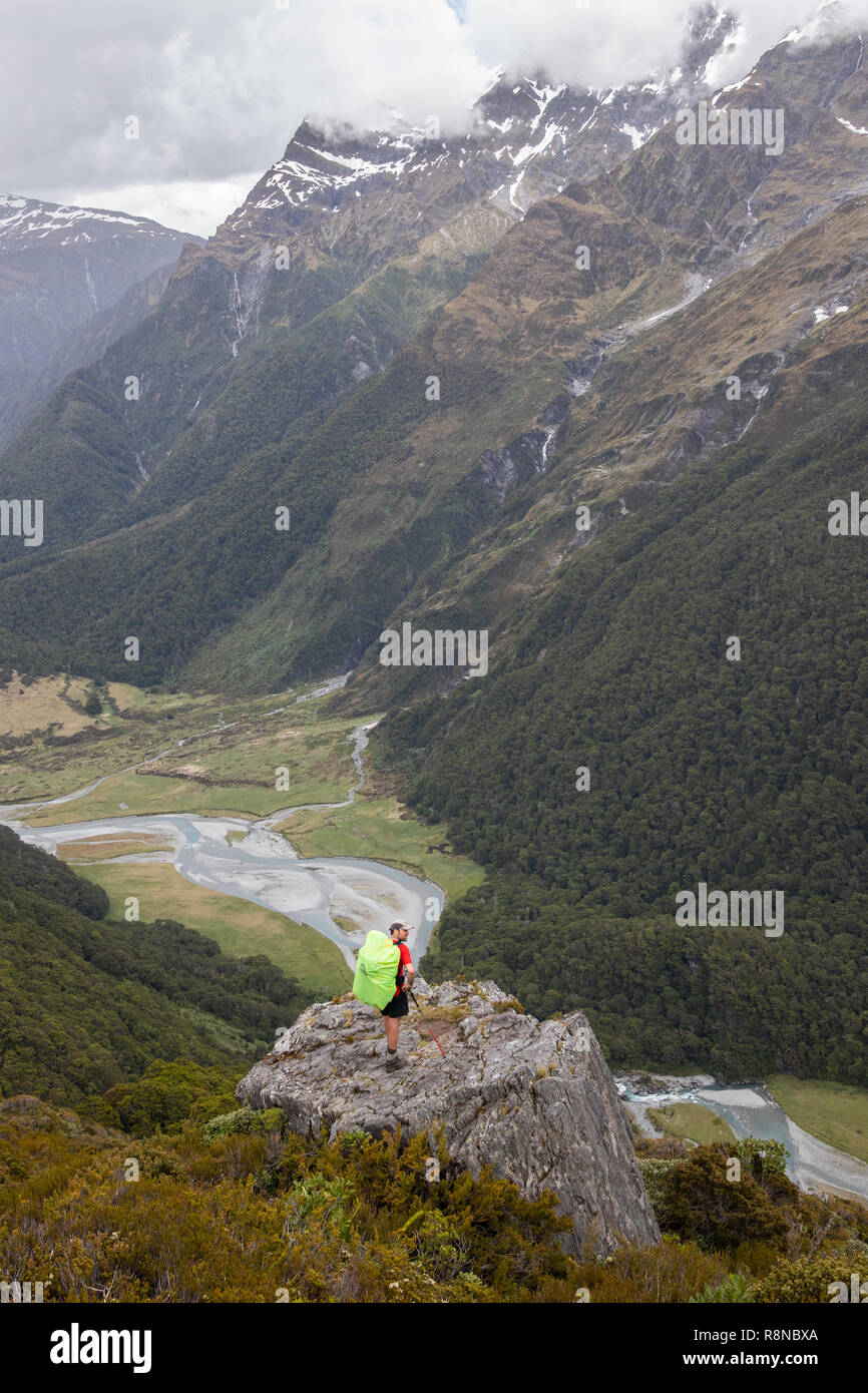 Hiker in the wilderness, New Zealand Stock Photo