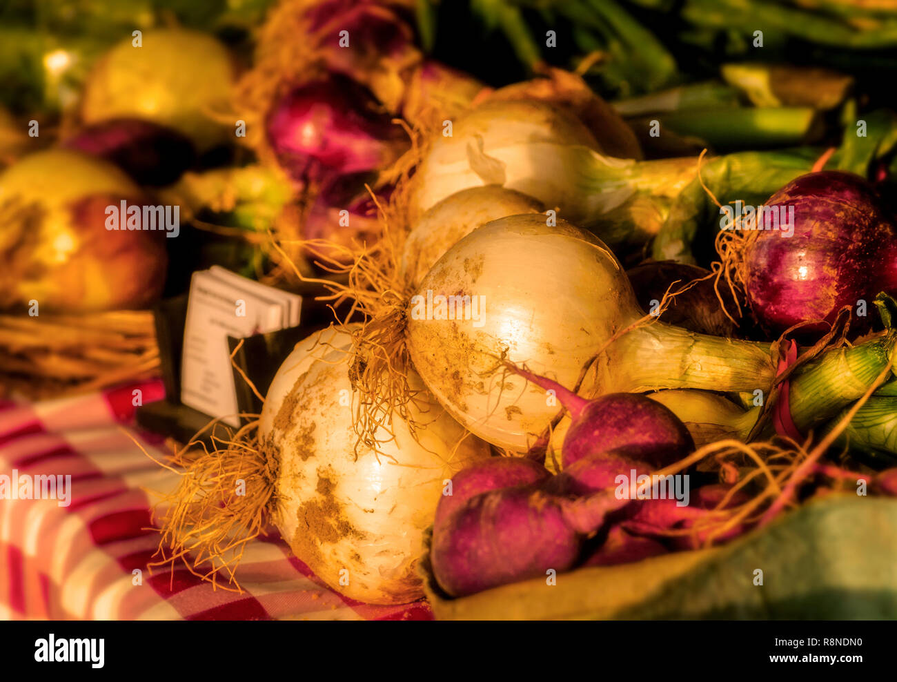 Homegrown onions and radishes are displayed on a table during the Tucker Farmers Market in Tucker, Georgia. Stock Photo