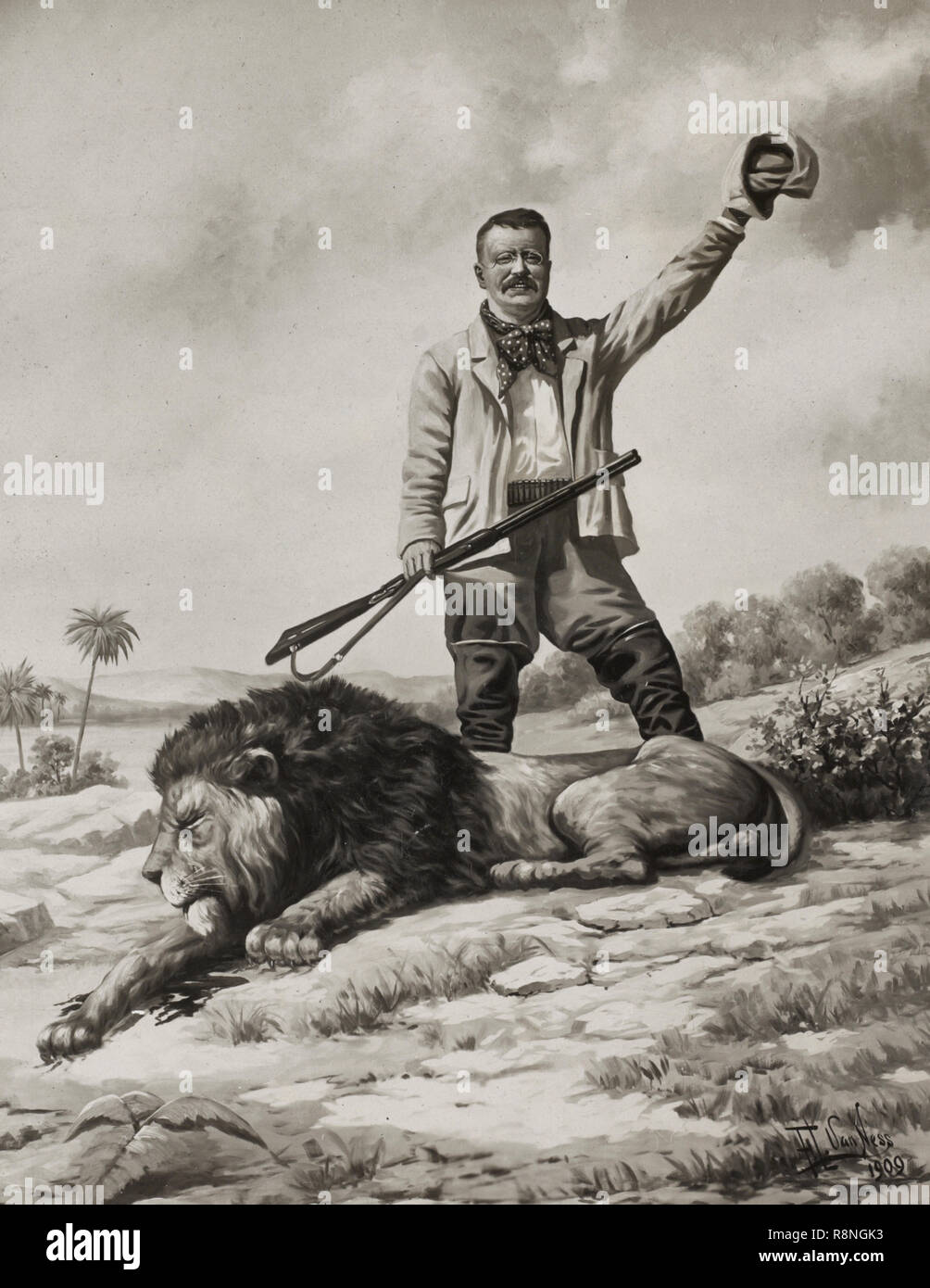 Theodore Roosevelt with dead lion - drawing by Frank Lewis Van Ness shows Roosevelt standing over dead lion holding a rifle and waving his hat. 1909 Stock Photo