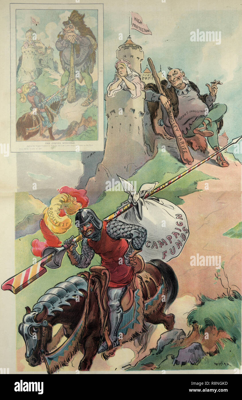 The warrior's return -  Illustration shows President Theodore Roosevelt as a knight on horseback carrying a lance labeled 'Reciprocity' over his shoulder with a sack labeled 'Campaign Funds' hanging from it; in the background is a giant ogre labeled 'Infant Industries' sitting against a castle with a club labeled 'Dingley Tariff' nestled against his right arm; over the castle is flying a banner 'High Protection' and a despondent maiden labeled 'Fair Trade' is standing at the top of a tower. Political Cartoon, 1904 Stock Photo