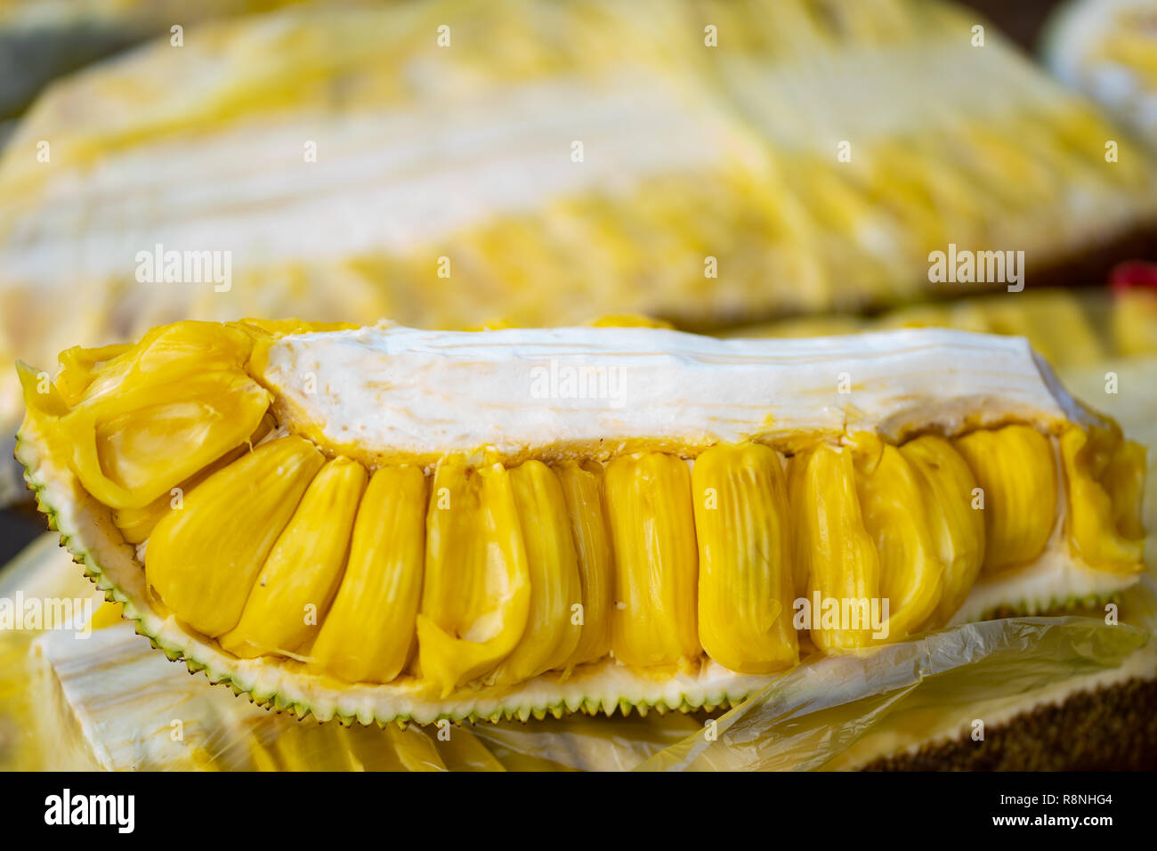 Internal flesh of an opened jackfruit for sale on a market stall,Cebu
