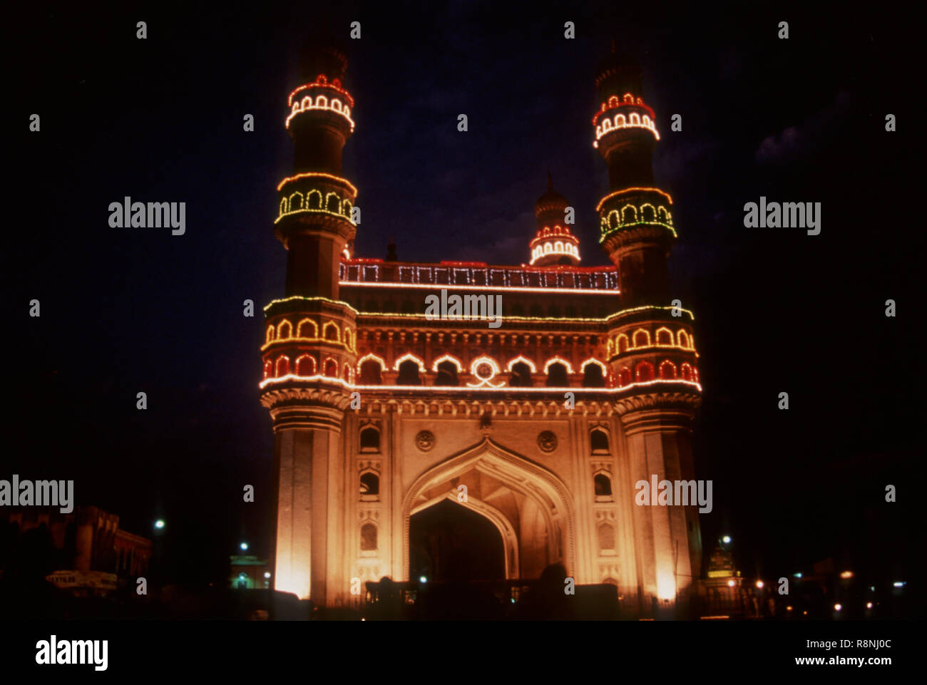 illuminated Charminar was built in 1591 AD Sultan Mohammed gave precedence to the building of Charminar at night, Hyderabad, Andhra Pradesh, India Stock Photo