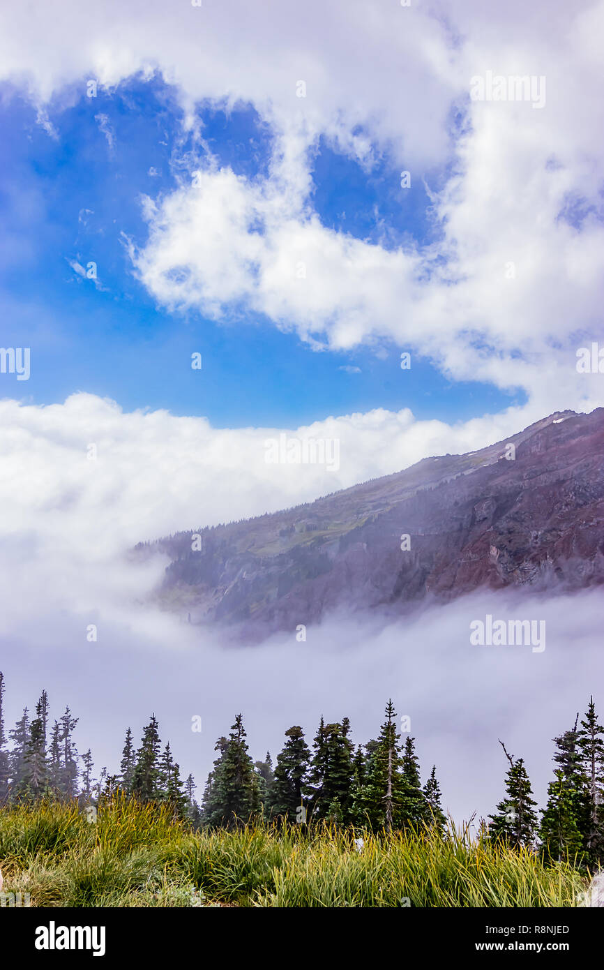 clouds and mountain top with meadow and trees below Stock Photo