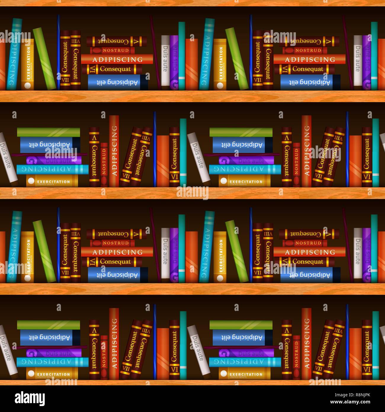 Bright wooden bookshelves with different colourful books, seamless pattern Stock Vector