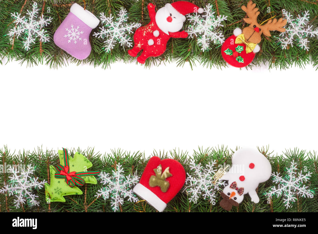 Christmas frame made of fir branches decorated with snowflakes Snowman ...