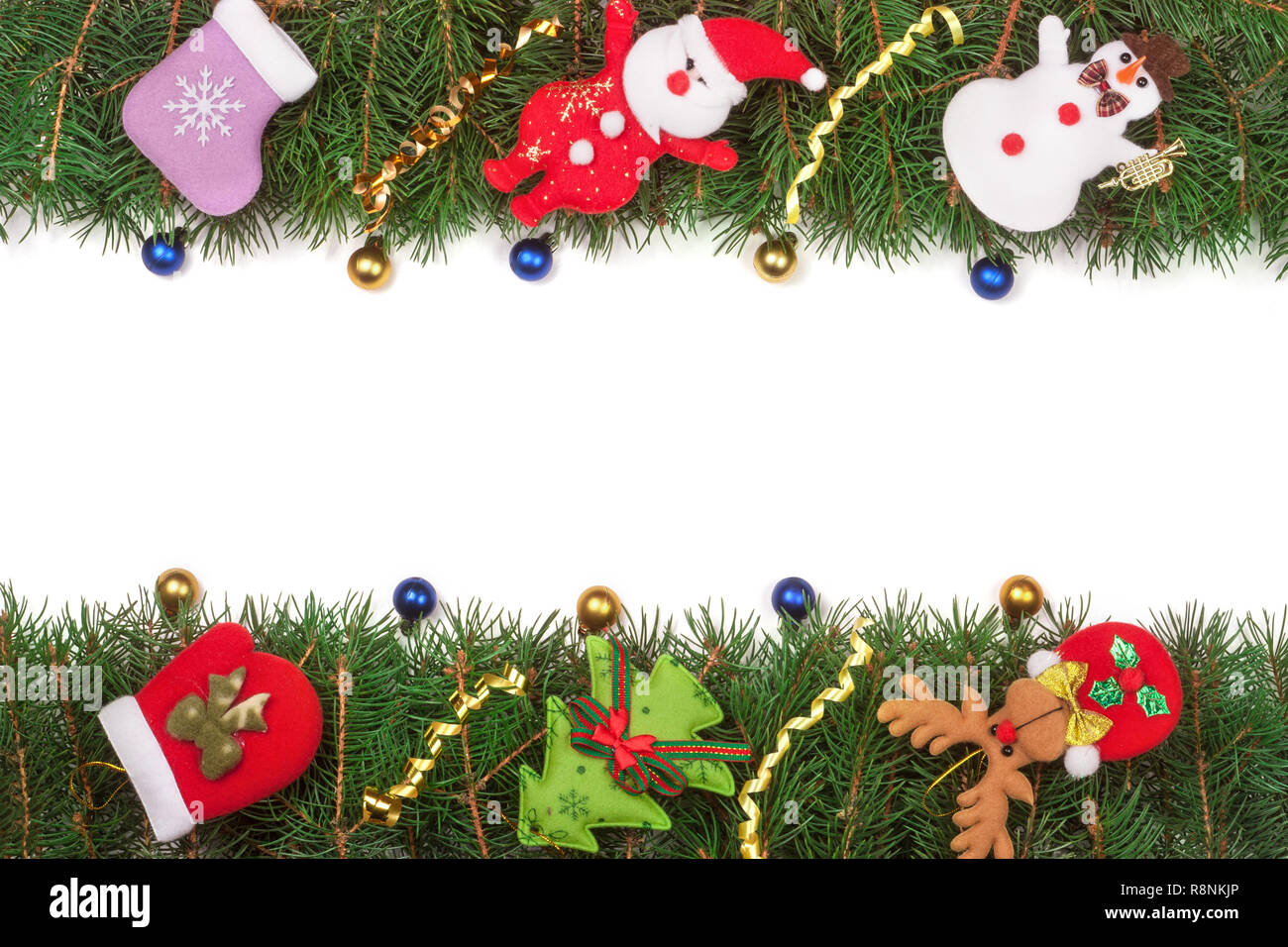 Christmas frame made of fir branches decorated with Snowman and Santa ...