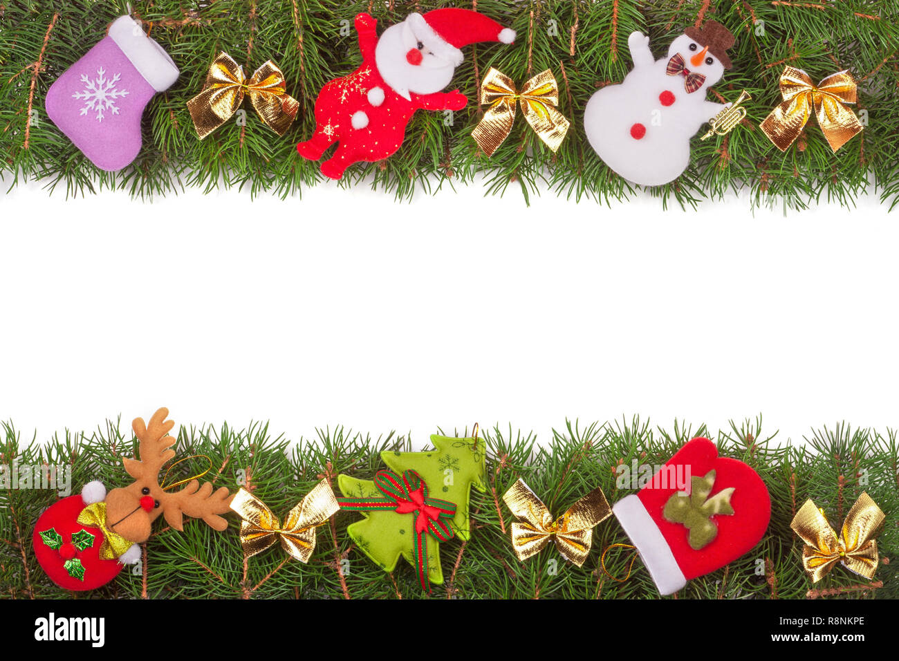 Christmas frame made of fir branches decorated with golden bows Snowman ...