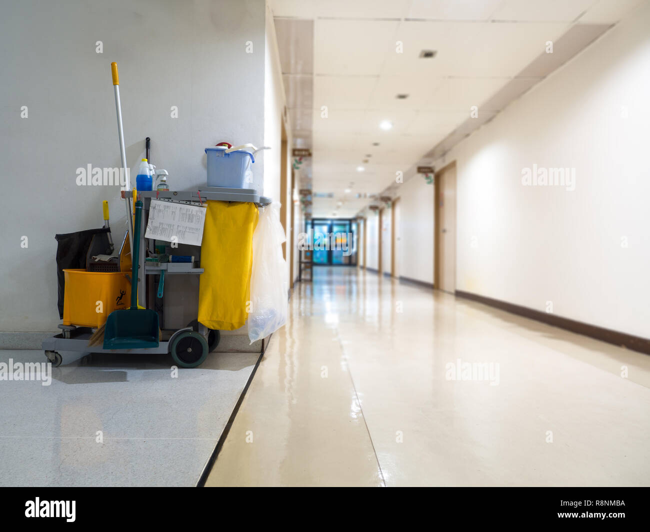 Cleaning tools cart wait for maid or cleaner in the hospital. Bucket