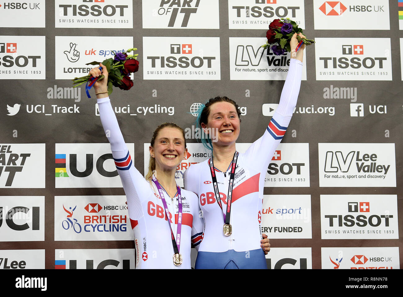 Laura Kenny (left) and Katie Archibald of Great Britain celebrate