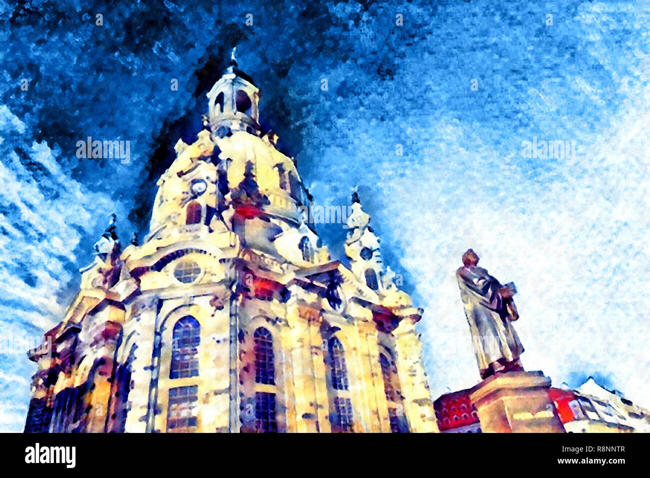 Dresden Frauenkirche, Church of our Lady. Watercolor imitation. Stock Photo