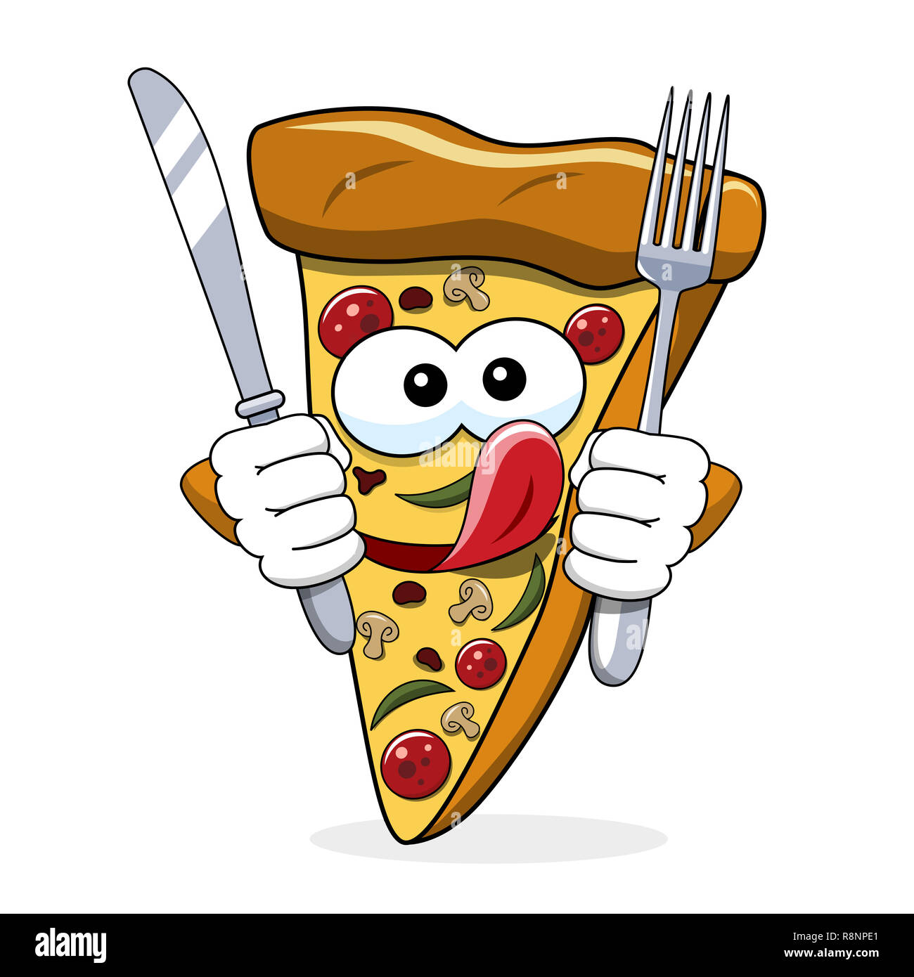 Pizza slice cartoon funny fork knife eating hungry tongue isolated on white  Stock Photo - Alamy
