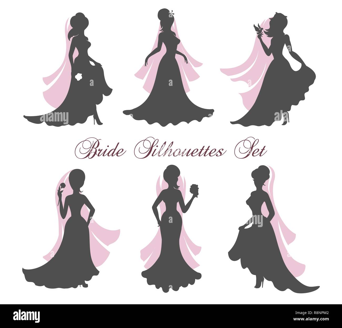 Six Silhouettes of brides in bridal veil. Vector illustration. Stock Vector