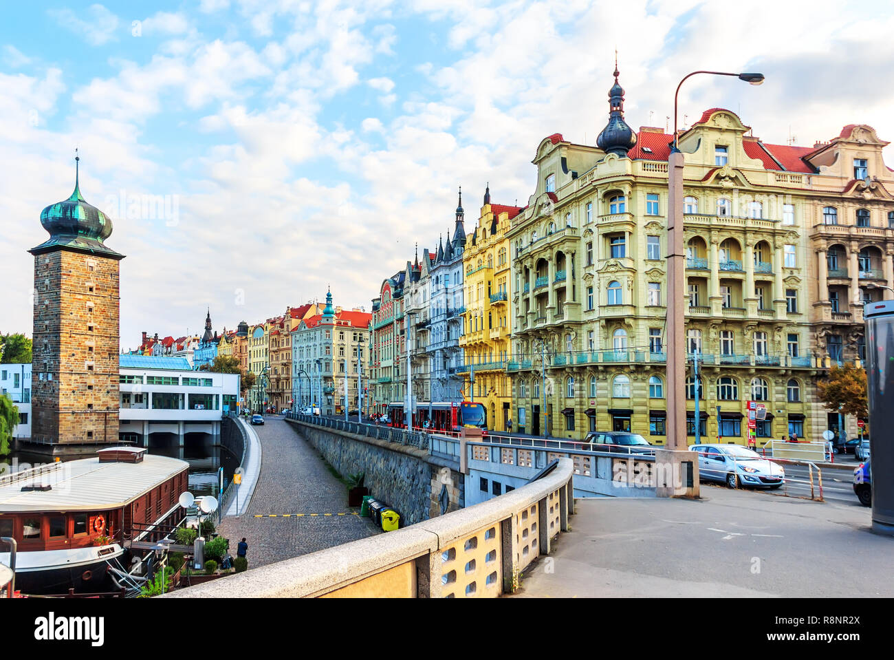 Prague old buildings, view from Jirasek Bridge near the Dancing Stock Photo