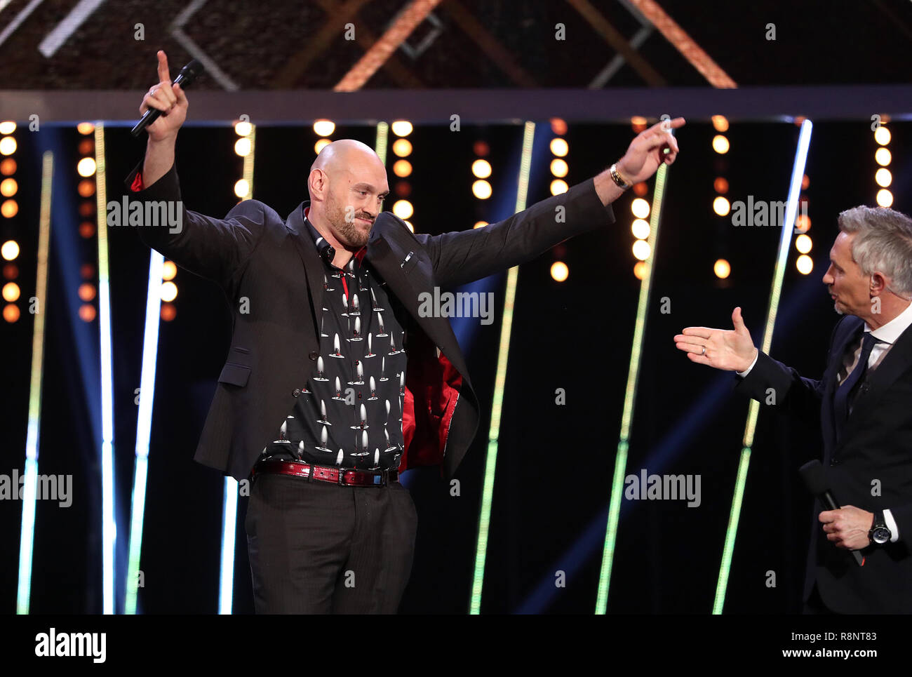 Tyson Fury (left) is interviewed on stage by Gary Lineker during the BBC Sports Personality of the Year 2018 at Birmingham Genting Arena. Stock Photo