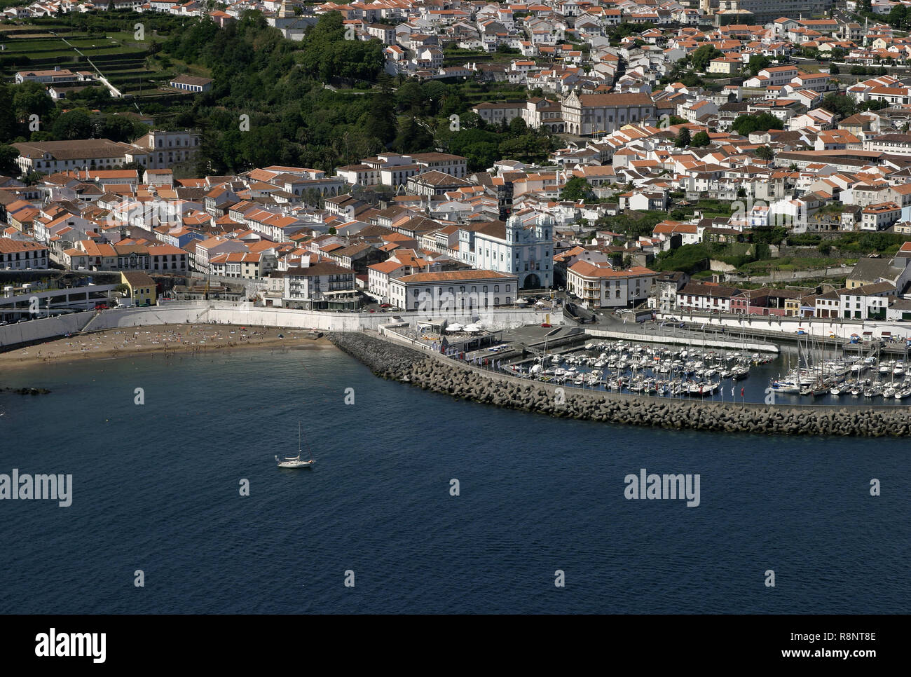 Panoramic aerial view of Angra de Heroismo, Terceira Island, Azores, Portugal. UNESCO World Heritage Site. Stock Photo