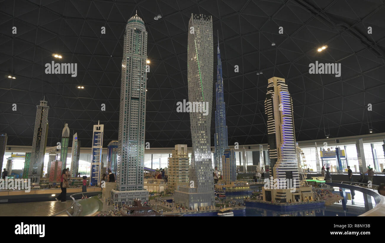 Exhibition of mock-ups Dubai Marina made of Lego pieces in Miniland Legoland at Dubai Parks and Resorts Stock Photo