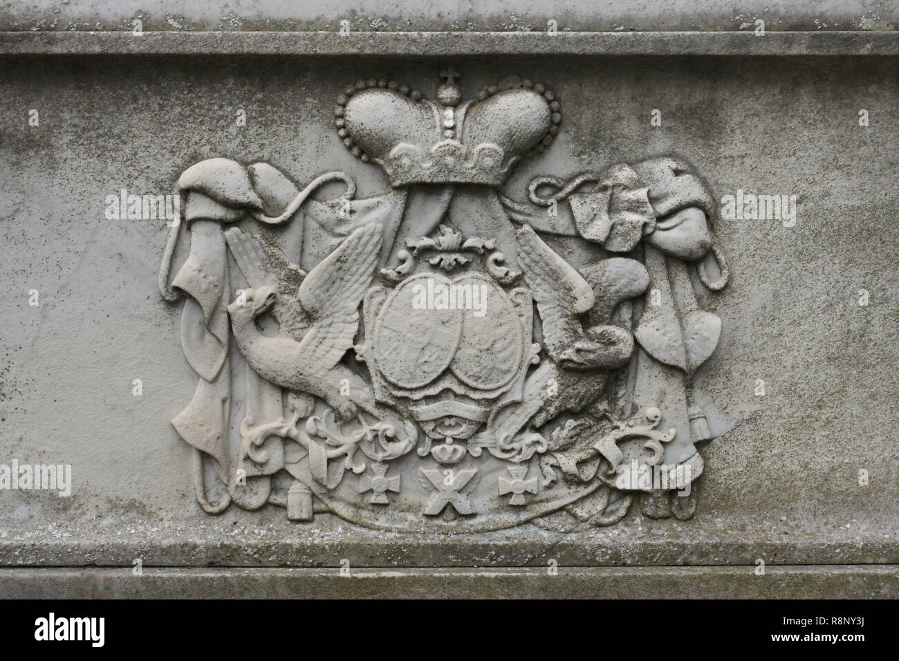 Coat of arms of the Bagration Family depicted on the marble tombstone of Russian princess Catherine Bagration (1783-1857) at the Greek Orthodox cemetery on San Michele Island (Cimitero di San Michele) in Venice, Italy. Russian noblewoman Catherine Bagration, née Skavronskaya, was a wife of Russian general and prince of Georgian origin Pyotr Bagration, prominent during the Napoleonic Wars. Stock Photo