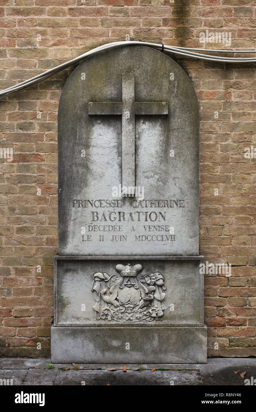Grave of Russian princess Catherine Bagration (1783-1857) at the Greek Orthodox cemetery on San Michele Island (Isola di San Michele) in Venice, Italy. Russian noblewoman Catherine Bagration, née Skavronskaya, was a wife of Russian general and prince of Georgian origin Pyotr Bagration, prominent during the Napoleonic Wars. Stock Photo