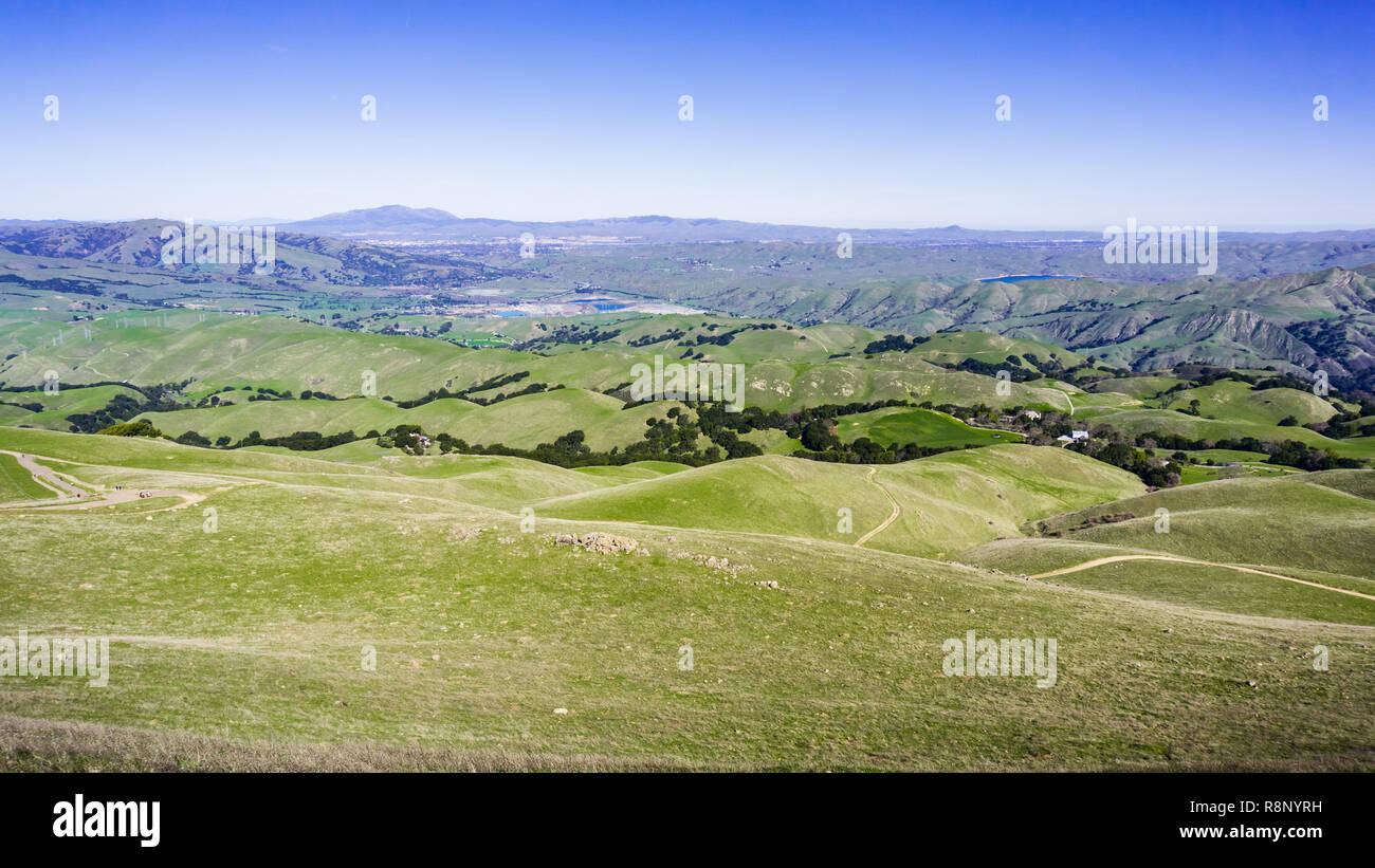 Verdant Hills; Mt Diablo and Livermore valley in the background; as seen from the Ohlone Wilderness trail, on the way to Mission Peak, Alameda County, Stock Photo