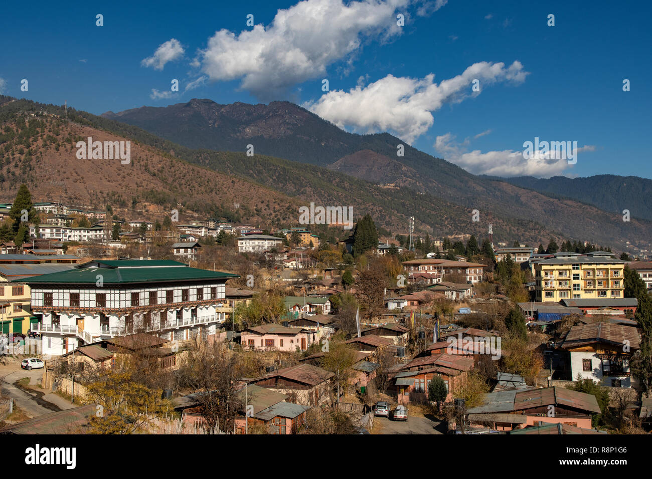 City View from Hotel Window, Thimphu, Bhutan Stock Photo