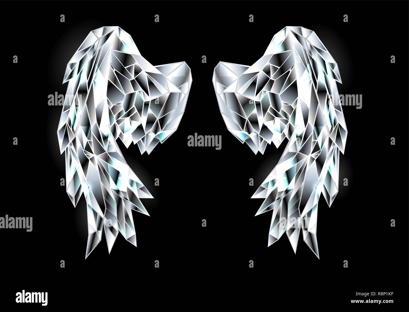 Sparkling, crystal, polygonal, transparent wings on black background. Stock Vector