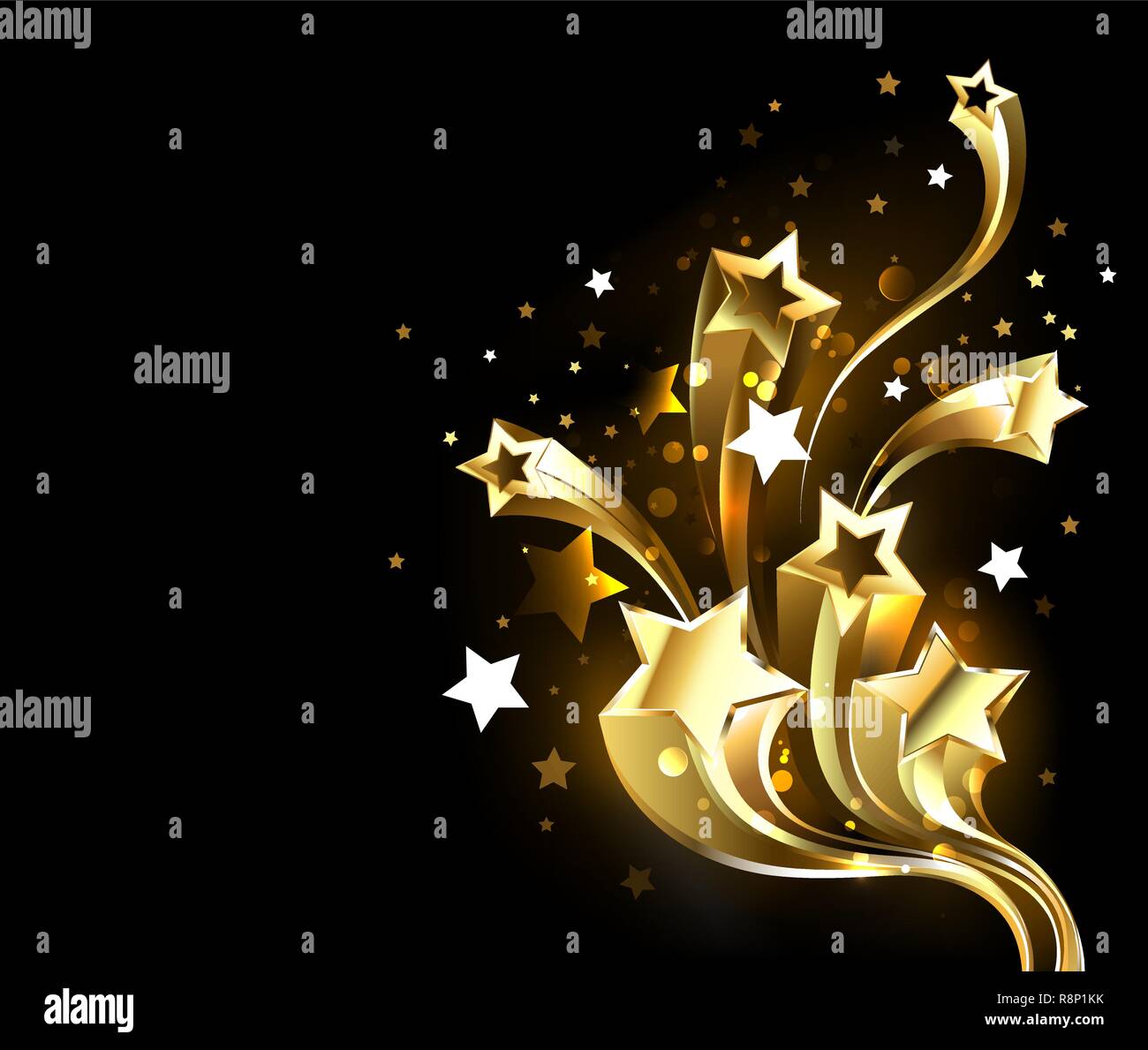 Golden, shiny comet with flexible tail on black background. Stock Vector