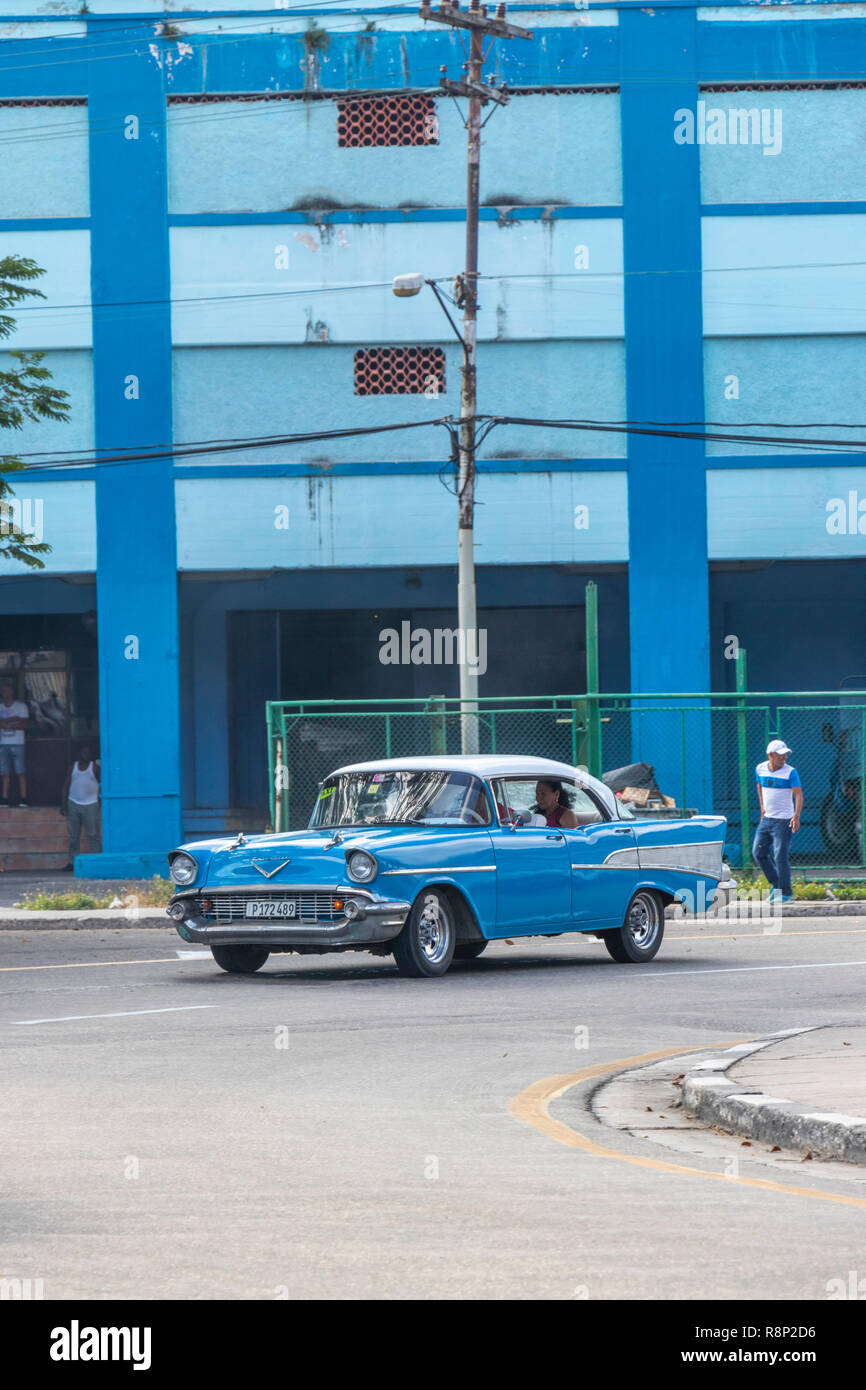 vintage American 1950s car driving in Havana Cuba Stock Photo