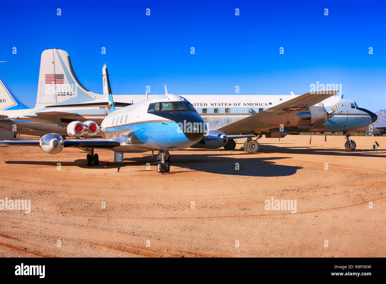 Lockheed VC-140B Jetstar and Douglas DC-4 Presidential flight aircraft on display at the Pima Air & Space Museum in Tucson, AZ Stock Photo