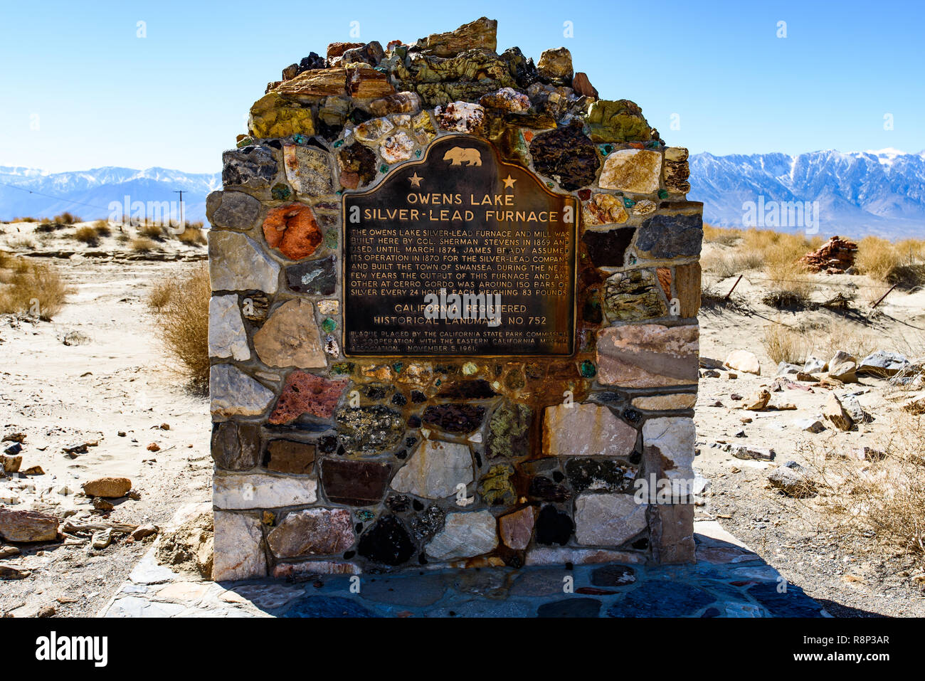 historical monument at the site of the silver lead furnace in the former boomtown, now ghost town, of Swansea, California. Stock Photo