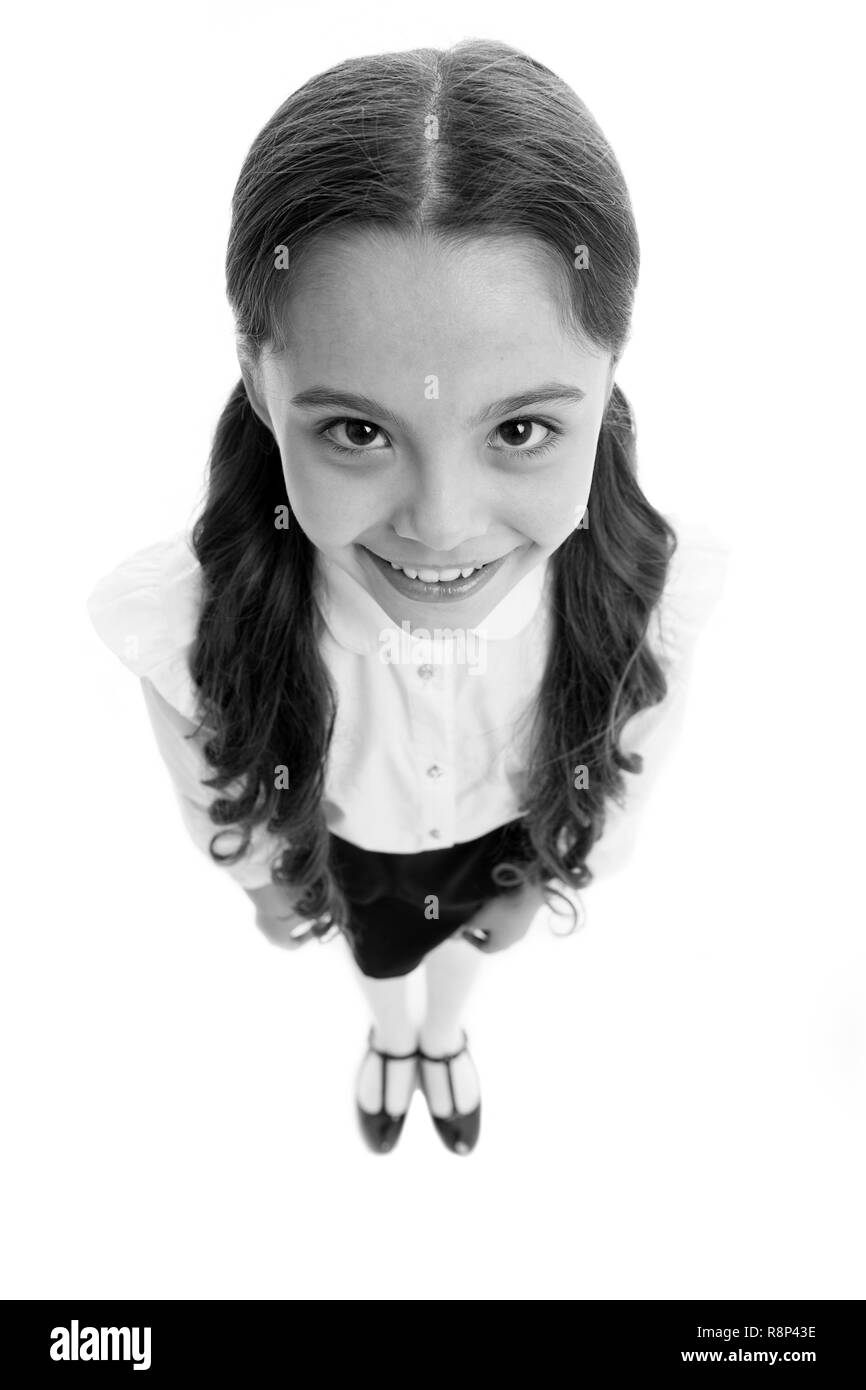 Happy Schoolgirl With Long Hair Isolated On White Little Girl