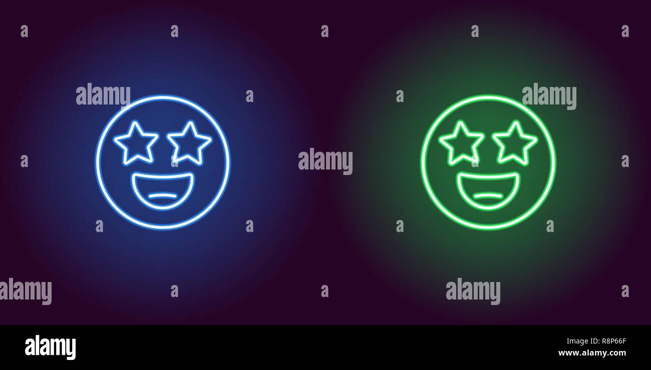 Neon illustration of star struck emoji. Vector icon of cartoon smiling emoji with star eyes in
