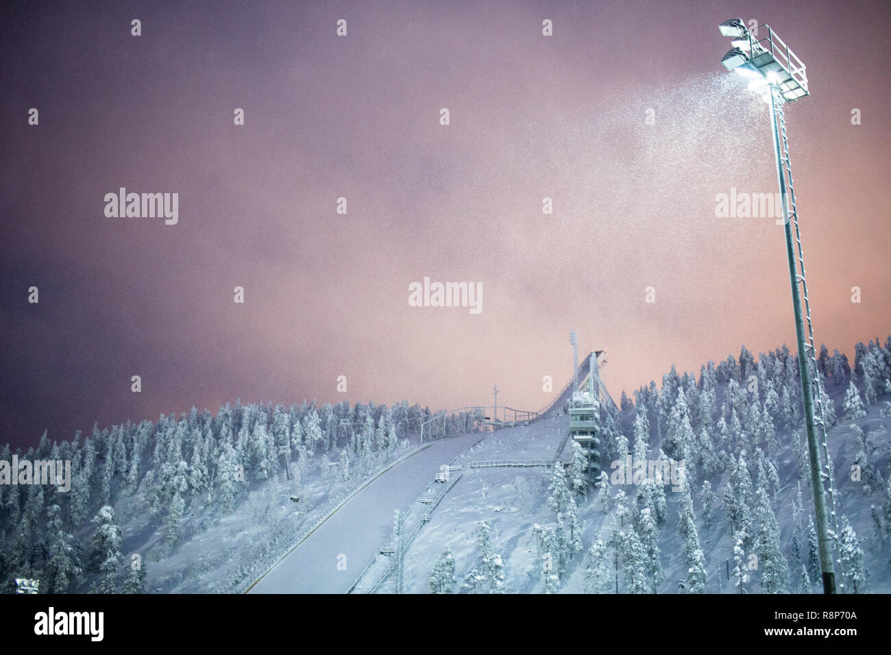 Snow storm over Ruka ski jumping centre, Kuusamo, Finland Stock Photo -  Alamy