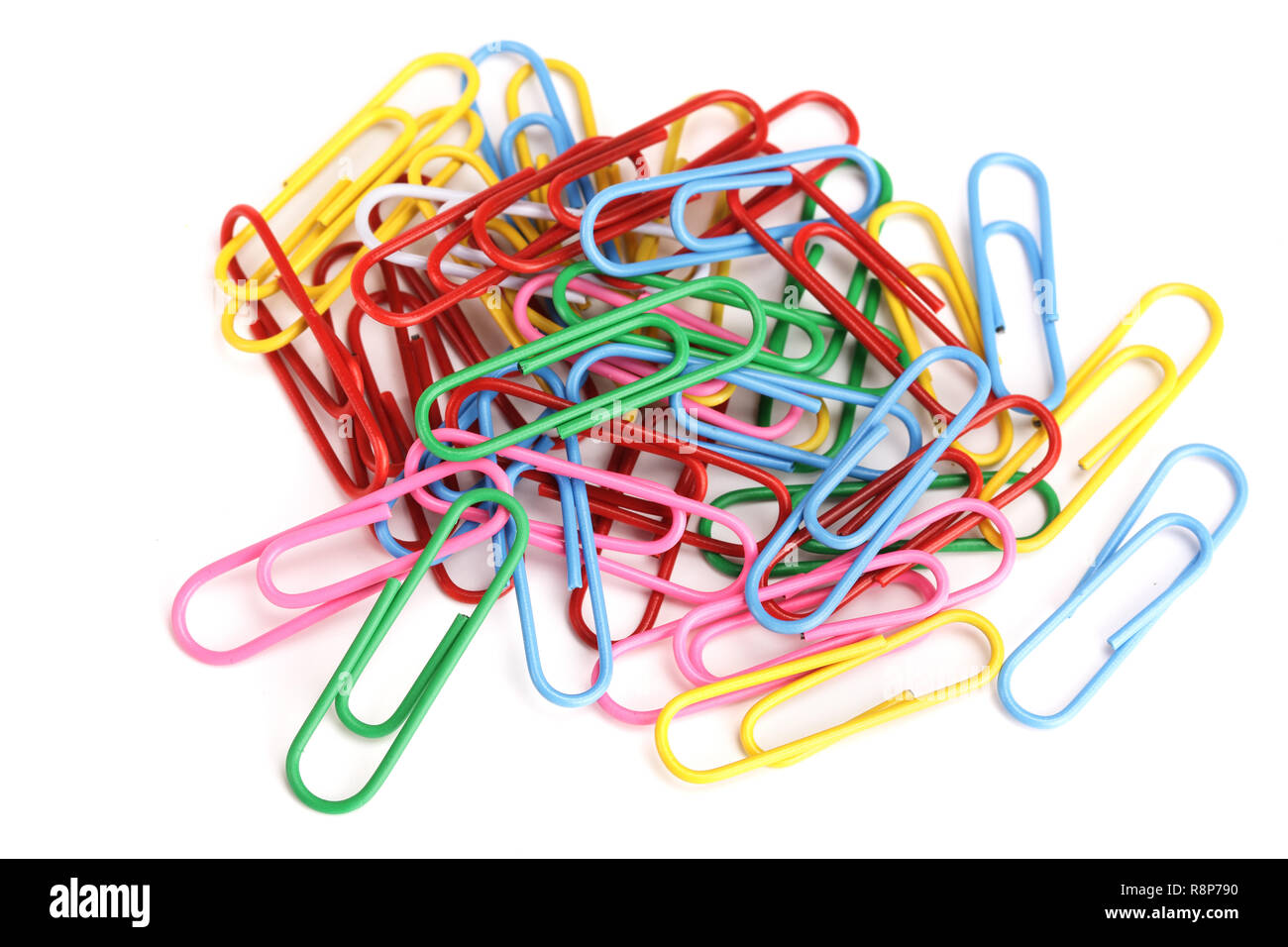 Bunch of colorful paper clips isolated on white background Stock Photo