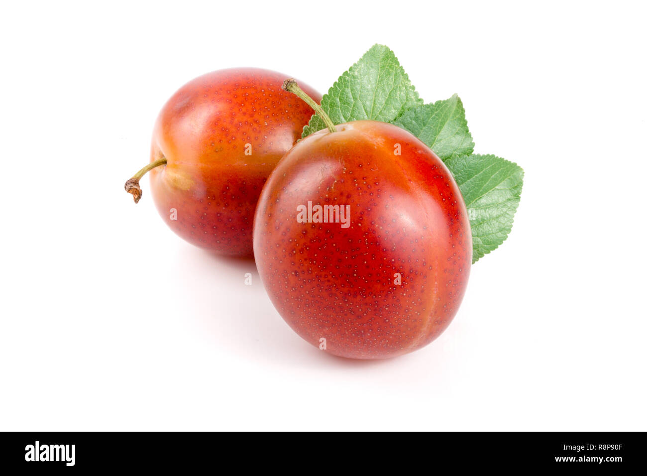 red plums with leaves isolated on white background Stock Photo