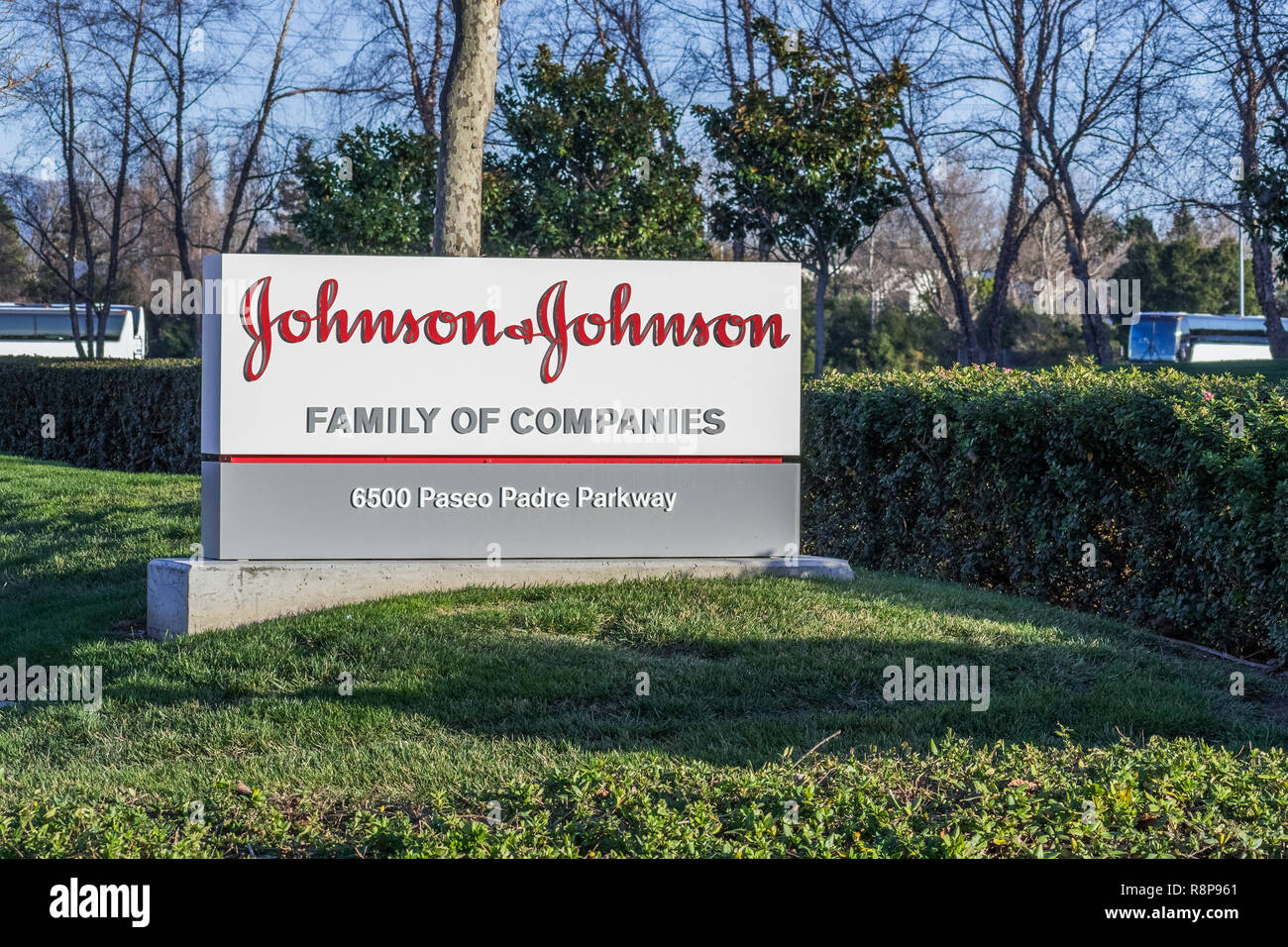 February 3, 2018 Fremont / CA / USA - Johnson & Johnson logo in front of one of their office buildings, Fremont, East San Francisco bay area, Californ Stock Photo