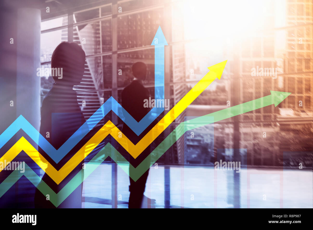 Financial growth arrows graph. Investment and trading concept. Stock Photo