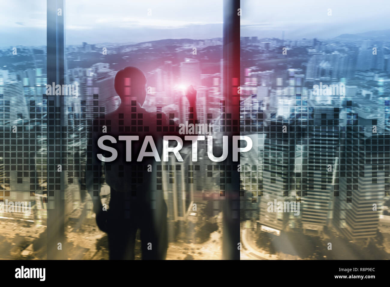 Startup concept with double exposure diagrams blurred background Stock