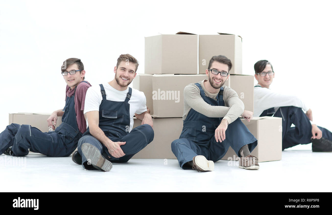 Stack Box Employee Cheerful workers with stacked boxes isolated on white Stock Photo - Alamy