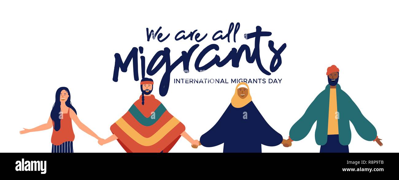 International Migrants Day web banner illustration, diverse people group of different cultures together for global migration, immigration or refugee h Stock Vector