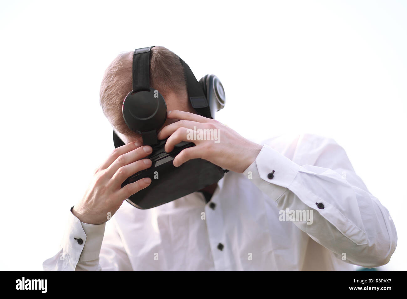 close up.the guy in the virtual reality glasses Stock Photo