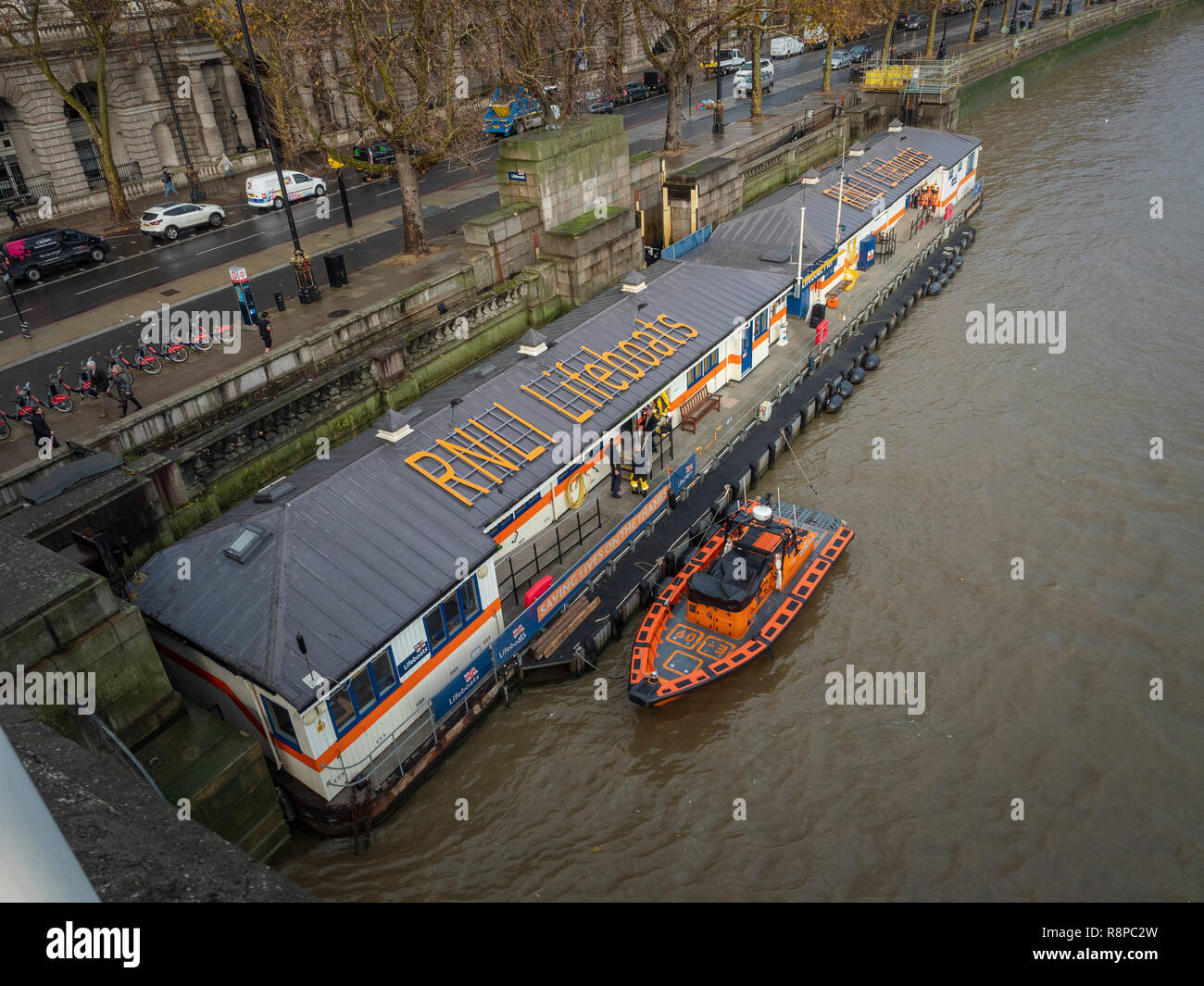 RNLI Lifeboat station for river rescue crews, River Thames, London, UK. Stock Photo