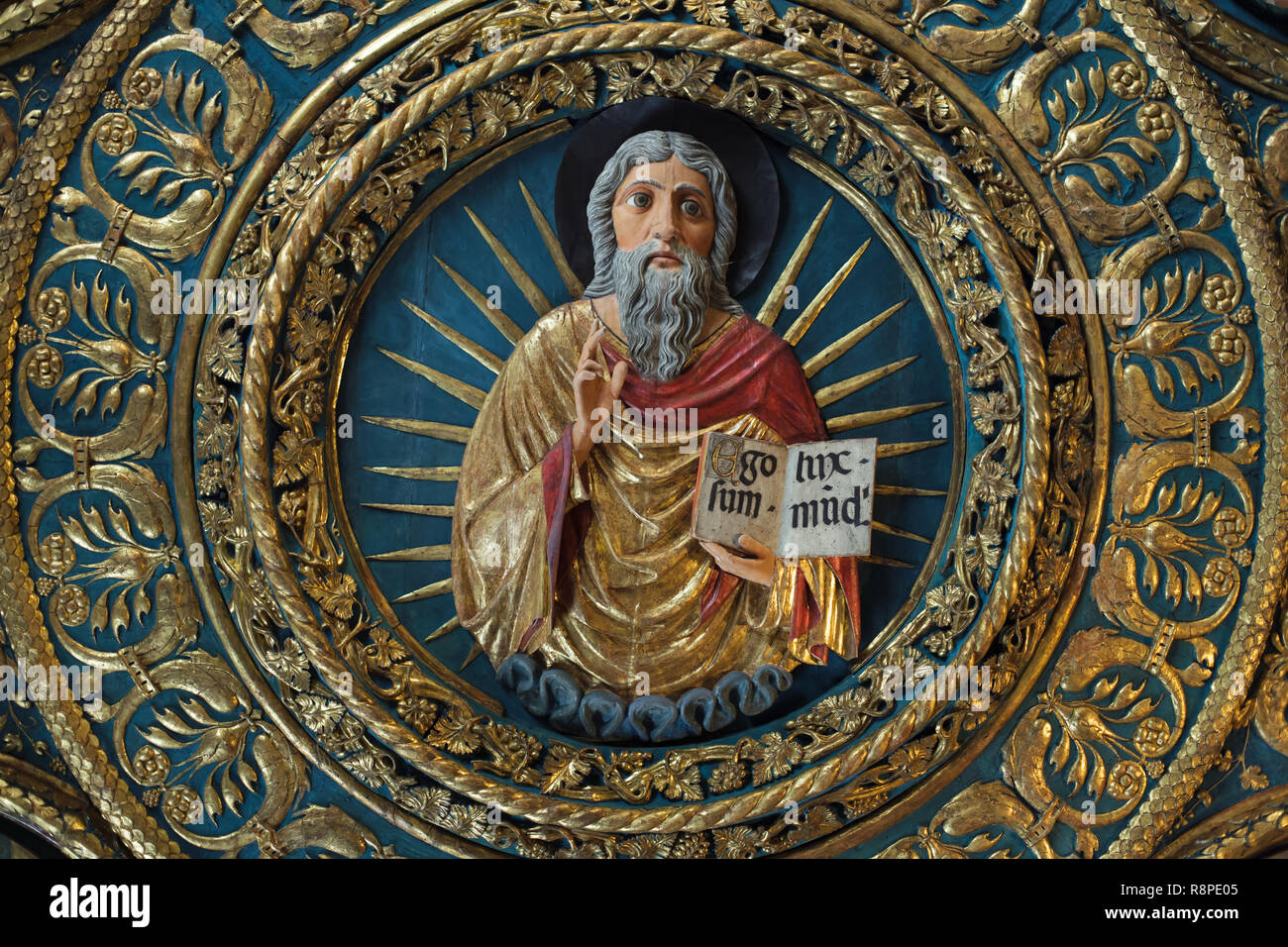 Christ Pantocrator carved by a unknown Venetian master, probably from the Bottega dei Bianco, dated from the 1490s in the ceiling  in the Sala dell'Albergo of the former Scuola Grande della Carità, now housed the Gallerie dell'Accademia in Venice, Italy. Stock Photo