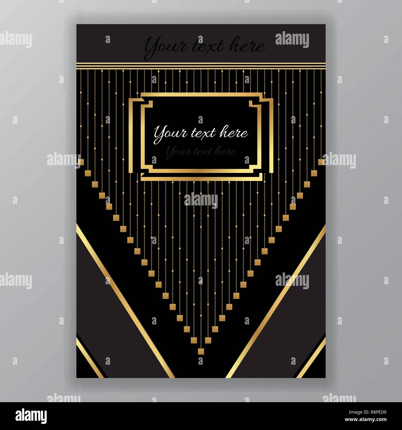 Art Deco page template, gatsby style for web and print, triangle with golden chains on  black. Modern design for menu or flyer, luxury gentel Stock Vector