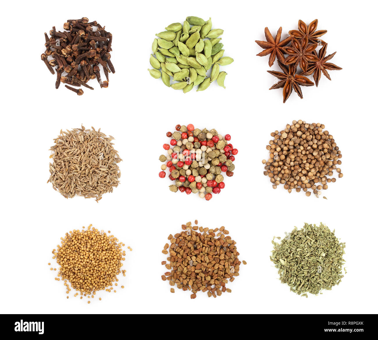 mix of spices isolated on a white background. Top view. Flat lay. Set or collection Stock Photo