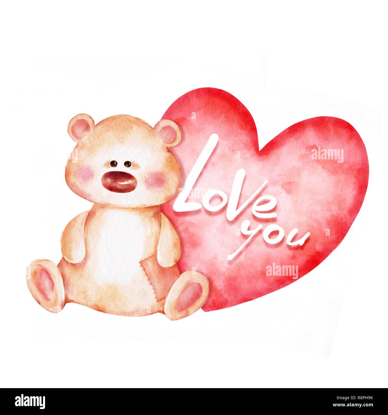 Cute teddy bear and red heart. Watercolor Stock Photo