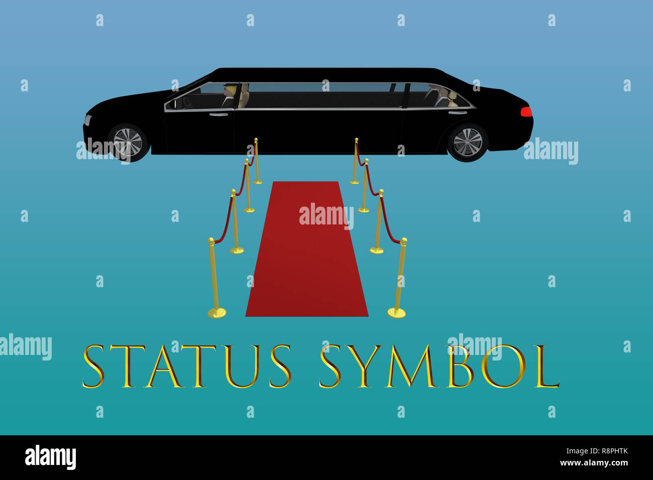 3D illustration of STATUS SYMBOL title in front of a red carpet in front of a black limousine, isolated on blue gradient background. Stock Photo