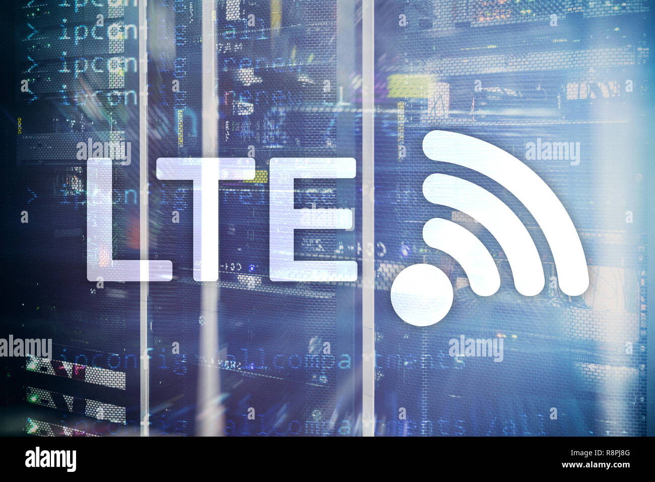 LTE, 5g wireless internet technology concept. Server room concept. Stock Photo