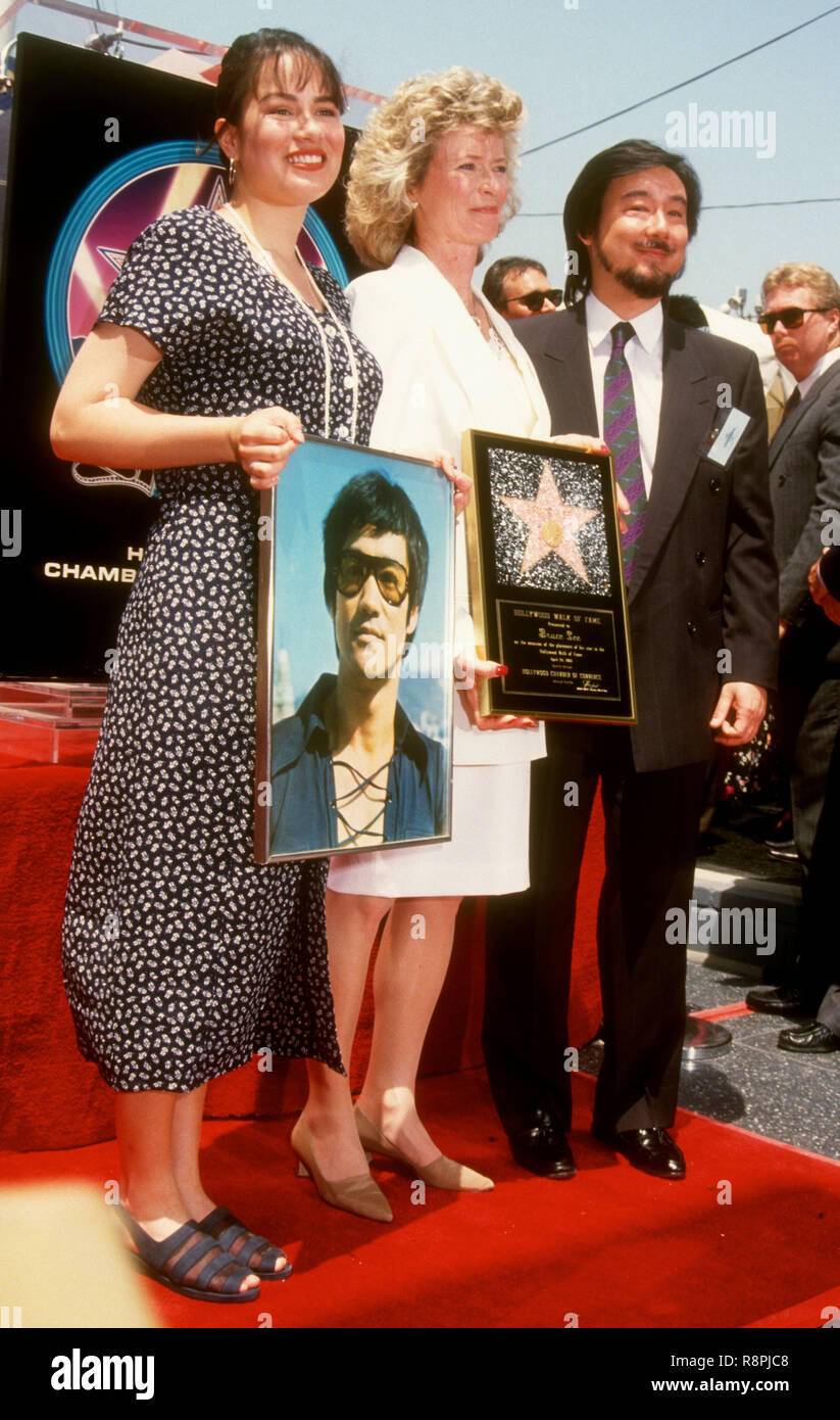 HOLLYWOOD, CA - APRIL 28: Shannon Lee, mother Linda Lee Caldwell and Robert  Lee attend the Hollywood Walk of Fame Ceremony for Bruce Lee on April 28,  1993 at 6933 Hollywood Boulevard