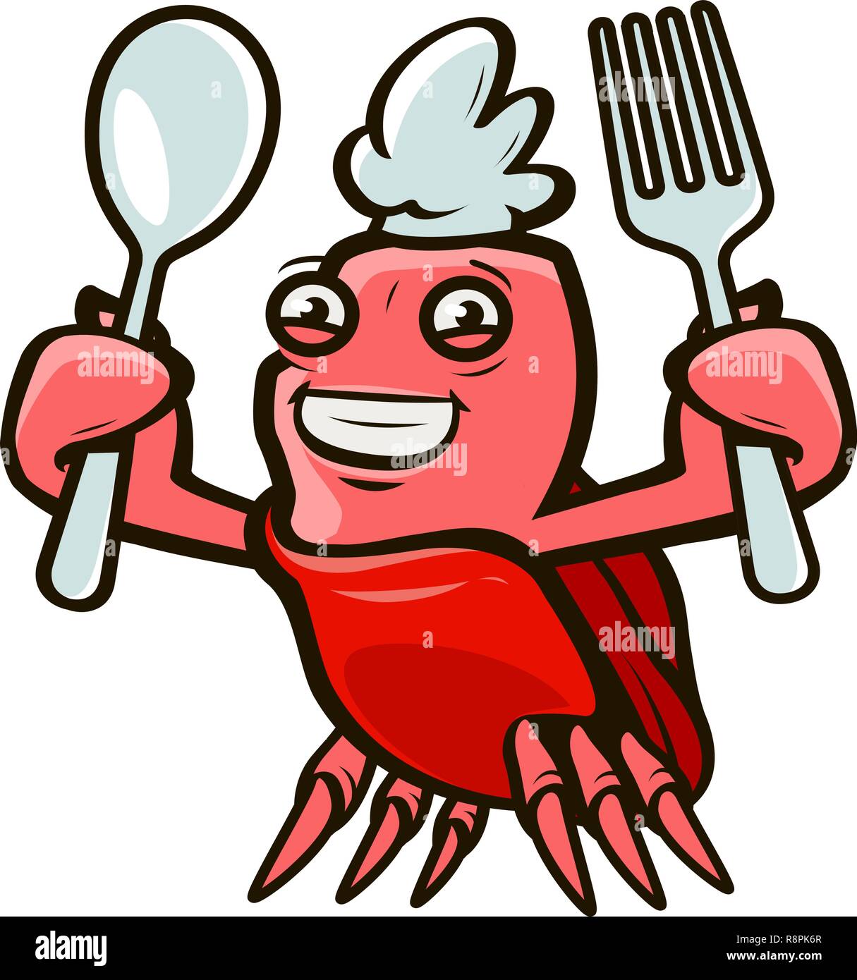 Cute crab holding a fork and a spoon. Seafood, cartoon vector illustration Stock Vector