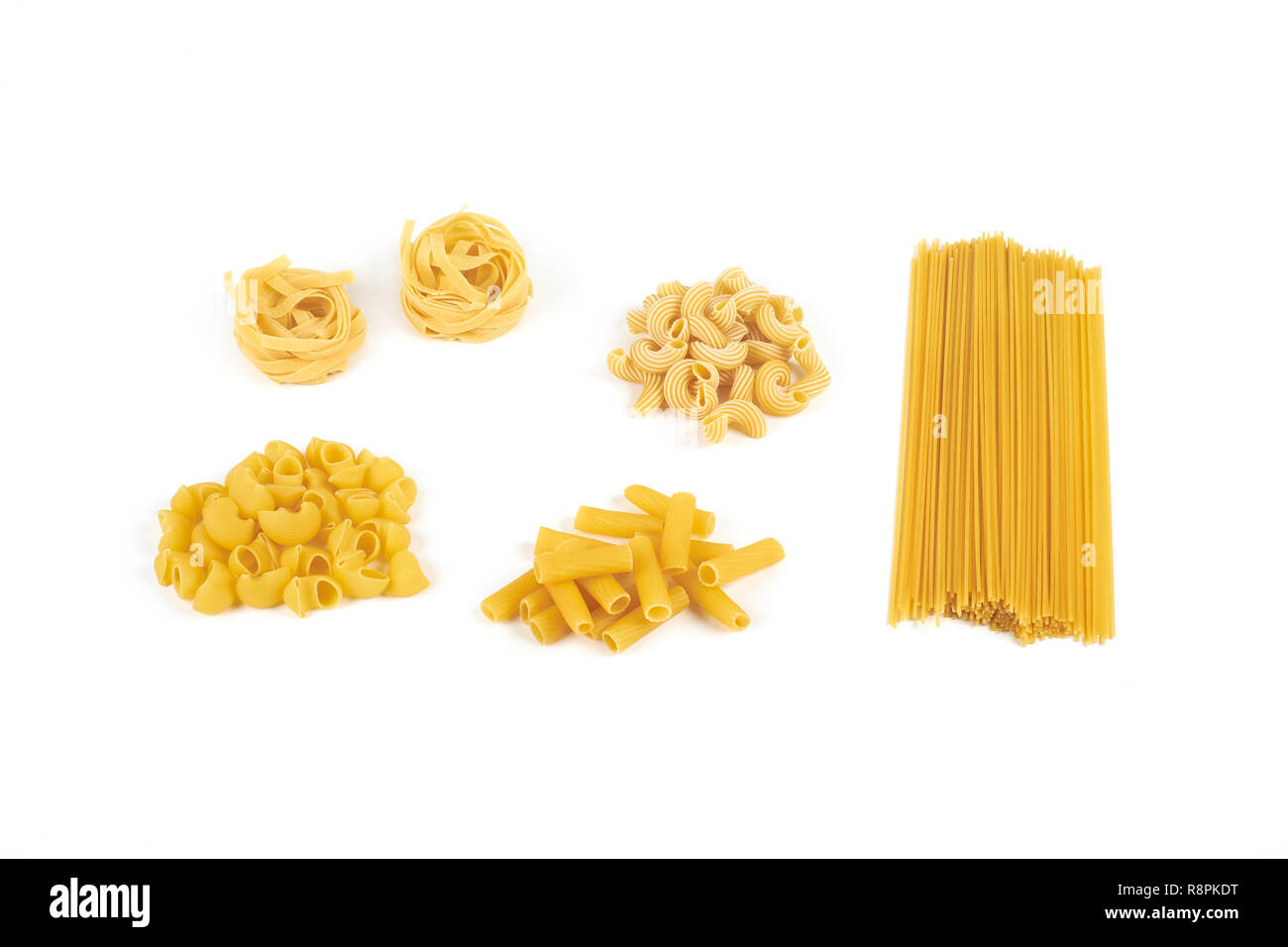 Collection of italian pasta portion isolated on white background Stock